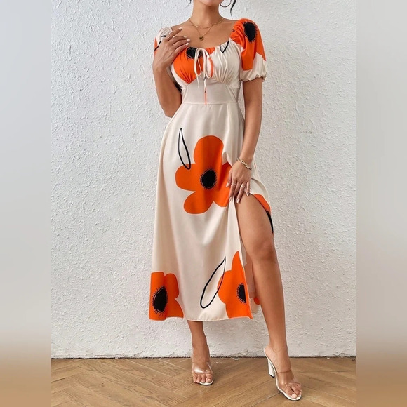 Women's Summer Flora Printed One Shoulder Short Bubble Sleeve Long Side-Split Ma - Picture 1 of 5